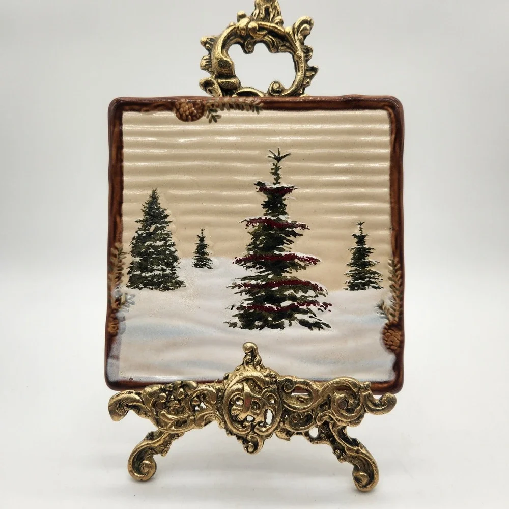 St Nicholas Sq Snow Valley Ceramic Pine Tree Wall Tile Trivet Cottagecore Disc